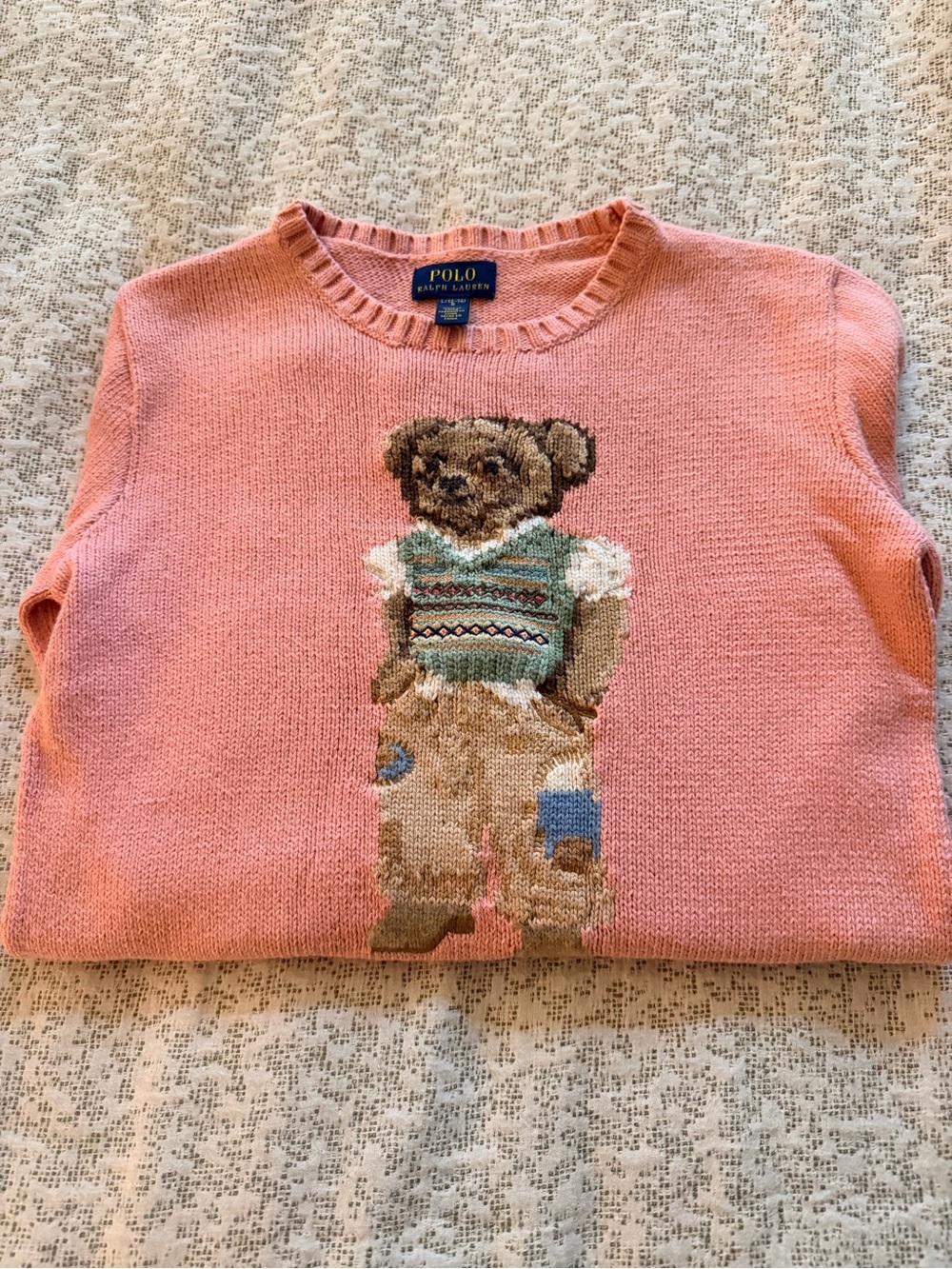 Polo by Ralph Lauren Coral Crewneck Sweater with Teddy Motif